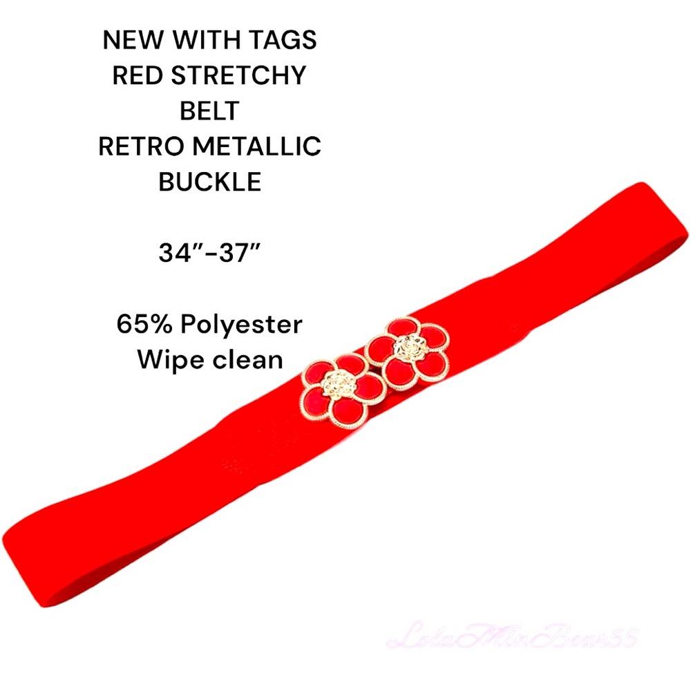NEW WITH TAGS RED STRETCH BELT -34”x37”- RETRO , METALLIC, 1” WIDE, POLYESTER